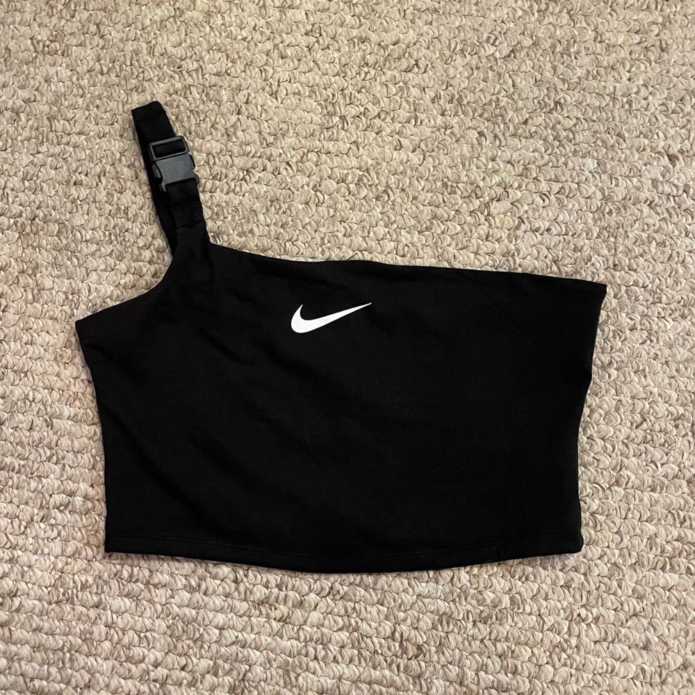 Nike Black One Shoulder Crop Top with Buckle Accent